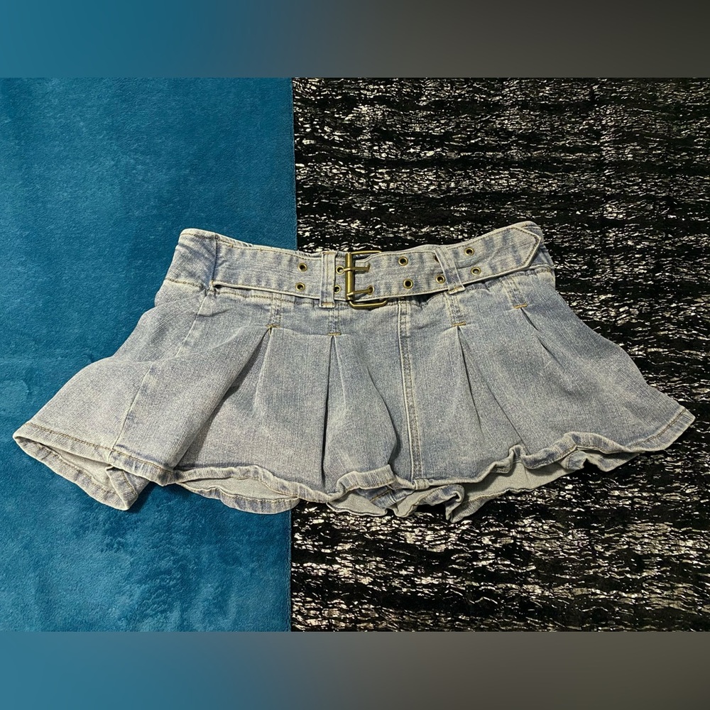 Mini denim pleated skirt with belt and shorts under